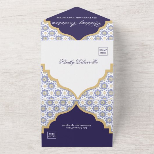 Indigo Moroccan Tile Wedding  All In One Uitnodiging (Buitenkant)