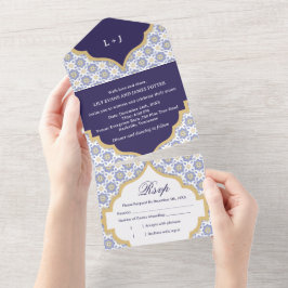 Indigo Moroccan Tile Wedding  All In One Uitnodiging