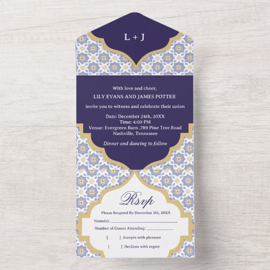 Indigo Moroccan Tile Wedding  All In One Uitnodiging (Binnen)