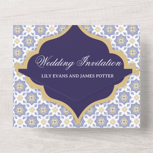 Indigo Moroccan Tile Wedding  All In One Uitnodiging (Achterkant)