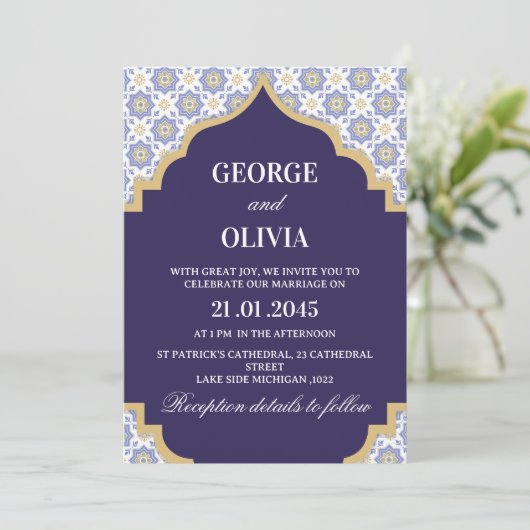 Indigo Moroccan Tile Wedding Kaart (Staand voorkant)