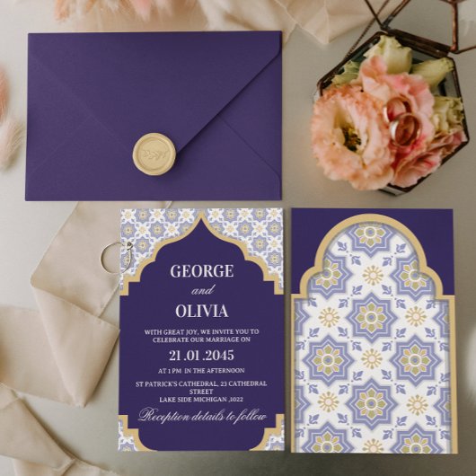 Indigo Moroccan Tile Wedding Kaart