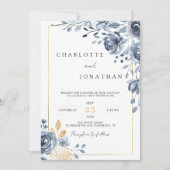 Indigo Navy Blue en Gold Elegant Romantic Wedding Kaart (Voorkant)