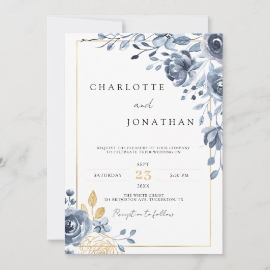 Indigo Navy Blue en Gold Elegant Romantic Wedding Kaart (Voorkant)