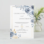 Indigo Navy Blue en Gold Elegant Romantic Wedding Kaart (Staand voorkant)