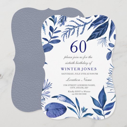 Indigo Navy Blue Leaf Floral 60th Birthday Invite Kaart (Voorkant / Achterkant)