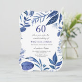 Indigo Navy Blue Leaf Floral 60th Birthday Invite Kaart (Staand voorkant)