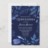 Indigo & Navy Blue Leaf Floral Quinceanera Invite Kaart (Voorkant)