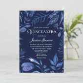 Indigo & Navy Blue Leaf Floral Quinceanera Invite Kaart (Staand voorkant)