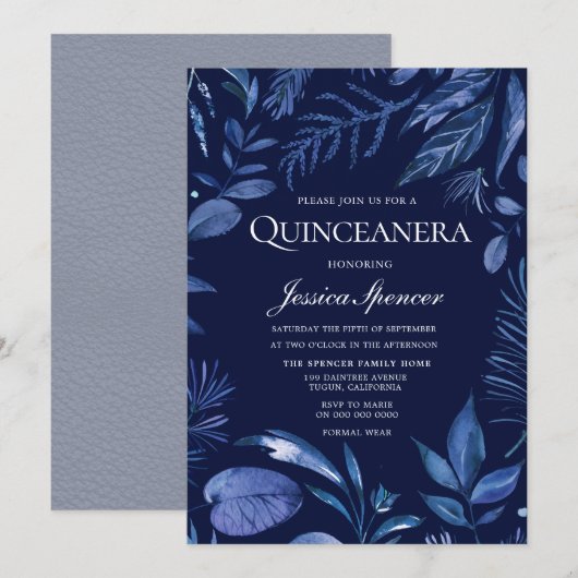 Indigo & Navy Blue Leaf Floral Quinceanera Invite Kaart (Voorkant / Achterkant)