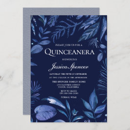 Indigo & Navy Blue Leaf Floral Quinceanera Invite Kaart