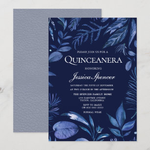 Indigo & Navy Blue Leaf Floral Quinceanera Invite Kaart