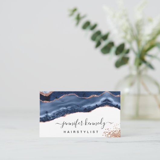 Indigo Navy Blue Roos Gold Glitter Agate Marble Visitekaartje (Staand voorkant)