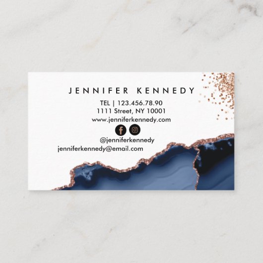Indigo Navy Blue Roos Gold Glitter Agate Marble Visitekaartje (Achterkant)