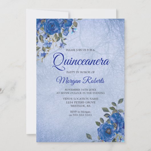 Indigo Navy Flowers Blue Waterverf Quinceanera Kaart (Voorkant)