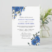 Indigo Navy Midnight Blue Floral Wedding Kaart (Staand voorkant)