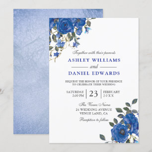 Indigo Navy Midnight Blue Floral Wedding Kaart