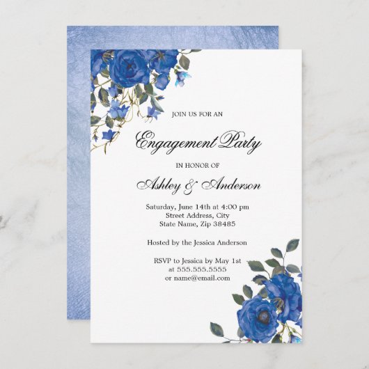 Indigo Navy Midnight Blue Flowers Engagement Party Kaart (Voorkant / Achterkant)