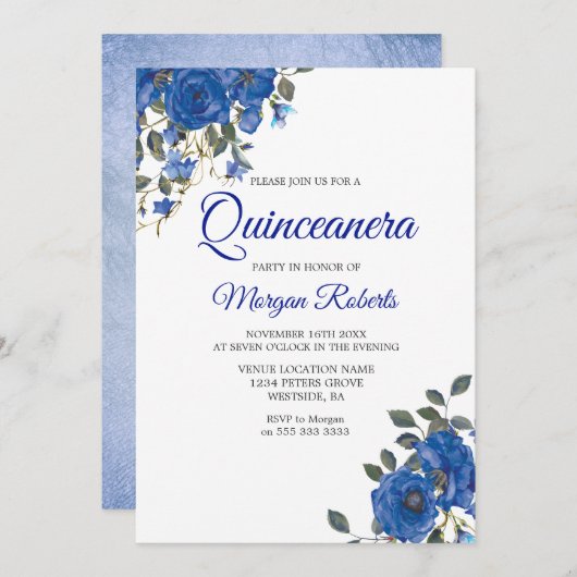 Indigo Navy Midnight Blue Flowers Quinceanera Kaart (Voorkant / Achterkant)