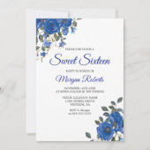 Indigo Navy Midnight Blue Flowers Sweet 16 Invite Kaart (Voorkant)
