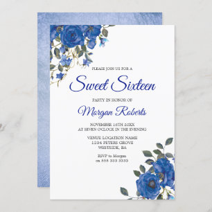 Indigo Navy Midnight Blue Flowers Sweet 16 Invite Kaart