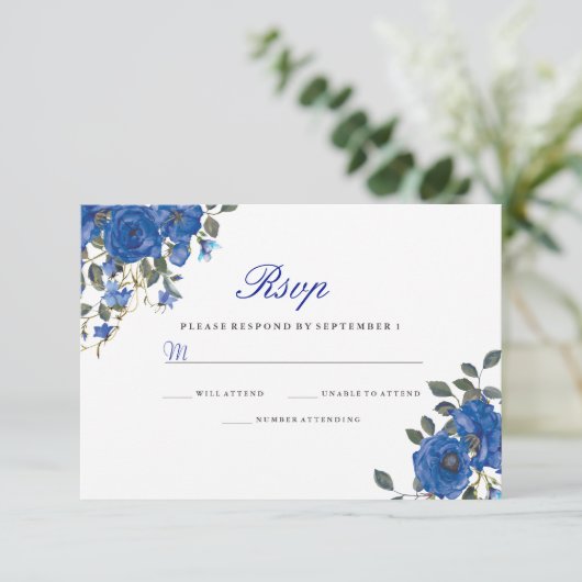 Indigo Navy Midnight Blue Flowers Weddenschap RSVP (Staand voorkant)