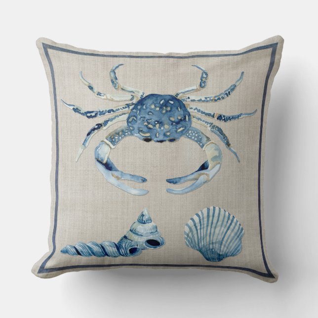 Indigo Ocean Blue Crab Tulband Scallop Zeeschelpen Kussen (Voorkant)