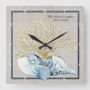 Indigo Ocean Crab Seashells Nautical Beach House Vierkante Klok