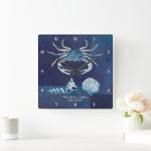 Indigo Ocean Crab Seashells Nautical Beach House Vierkante Klok (Huis)
