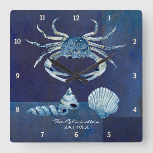 Indigo Ocean Crab Seashells Nautical Beach House Vierkante Klok