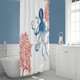 Indigo Ocean Red Fan Coral Blue Octopus Waterverf Douchegordijn