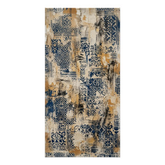 Indigo Ochre Distressed Patroon Muur Kunst Poster