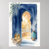 Indigo & Ochre Marokkaanse Hammam Waterverf Poster (Voorkant)