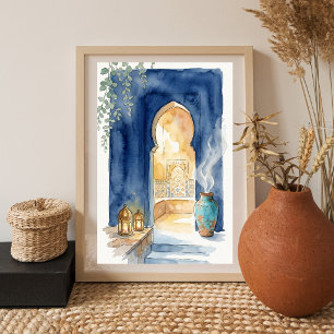 Indigo & Ochre Marokkaanse Hammam Waterverf Poster
