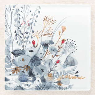 Indigo & Ochre - Waterverf Flowers Glazen Onderzetter