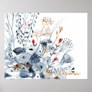 Indigo & Ochre - Waterverf Flowers Poster