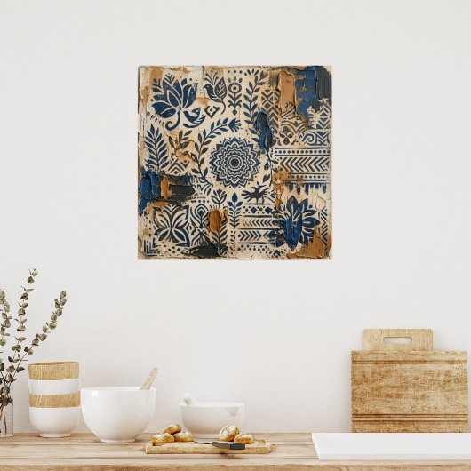 Indigo Oker Folk Pattern Poster (Keuken)
