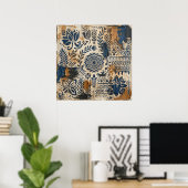Indigo Oker Folk Pattern Poster (Thuiskantoor)