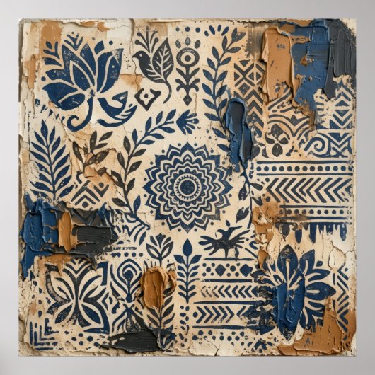 Indigo Oker Folk Pattern Poster (Voorkant)