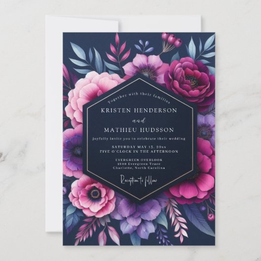 Indigo Opulent Bloom Wedding Kaart (Voorkant)