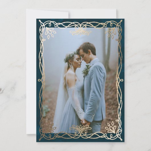 Indigo Ornament middeleeuwse gouden Ivy bruiloft Save The Date (Achterkant)