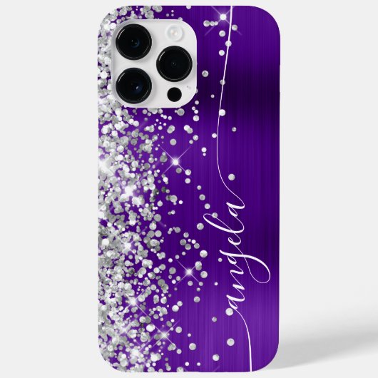 Indigo Paars en Zilver Glitter Glam Handtekening Case-Mate iPhone Case (Achterkant)