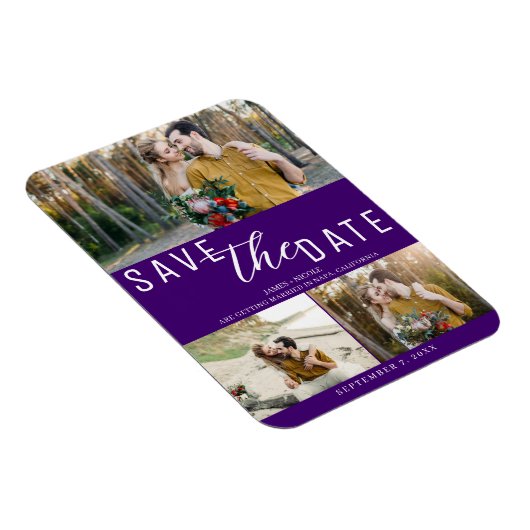 Indigo Paarse Save the Date Wedding 3 Foto's Magneet (Rechterzijde)