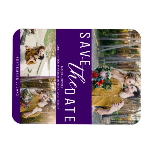 Indigo Paarse Save the Date Wedding 3 Foto's Magneet (Horizontaal)