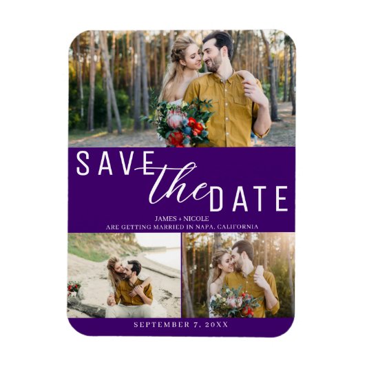 Indigo Paarse Save the Date Wedding 3 Foto's Magneet (Verticaal)