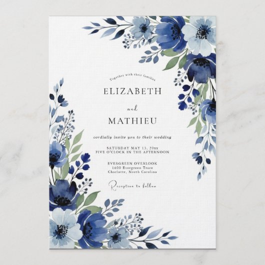Indigo Painterly Floral Wedding Kaart (Voorkant)