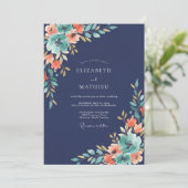 Indigo Perzik Wilde Bloemen Bruiloft Kaart (Staand voorkant)