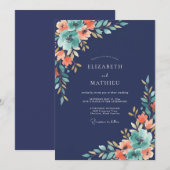 Indigo Perzik Wilde Bloemen Bruiloft Kaart (Voorkant / Achterkant)