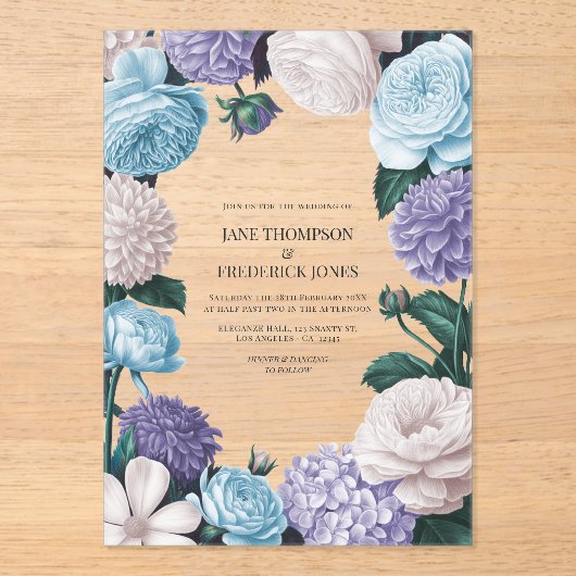 Indigo Petal, Blue Hydrangea & Frost Pearl Wedding Acryl Uitnodigingen (Voorkant)