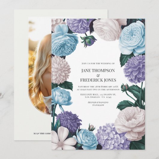 Indigo Petal, Blue Hydrangea & Frost Pearl Wedding Kaart (Voorkant / Achterkant)